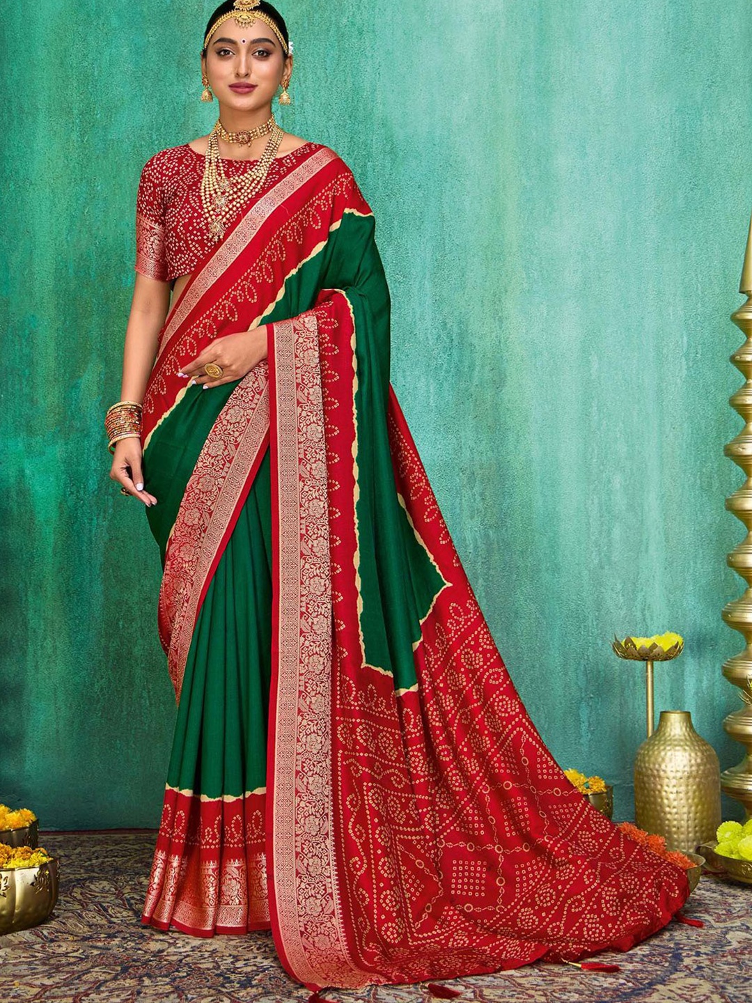 

Anouk Bandhani Silk Blend Bandhani Saree, Green