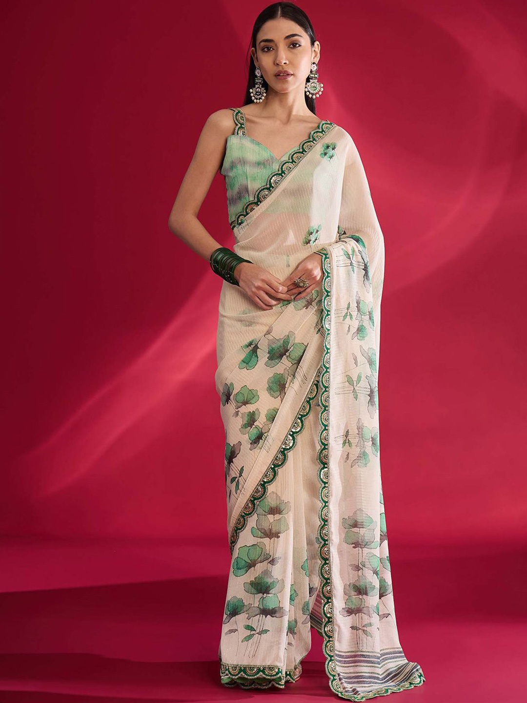 

all about you Floral Poly Georgette Muga Saree, Off white