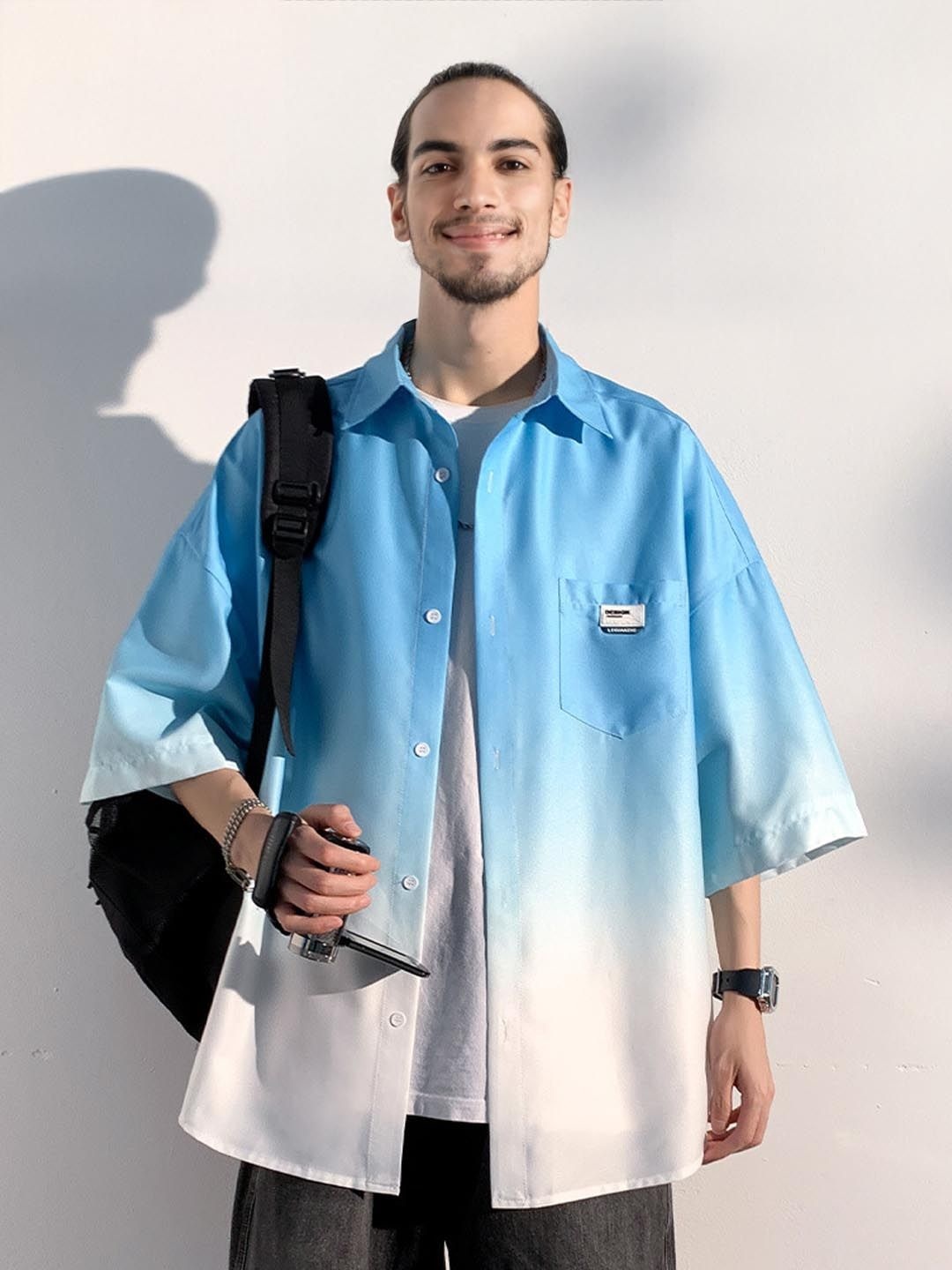 

StyleCast Men Spread Collar Solid Oversized Casual Shirt, Blue