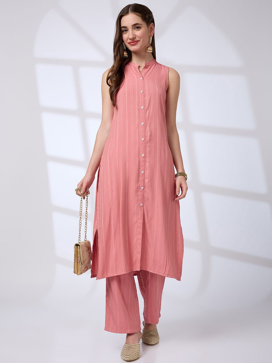

Globus Mandarin Collar Woven Design Front Slit A-Line Kurta With Pants Workwear Set, Pink
