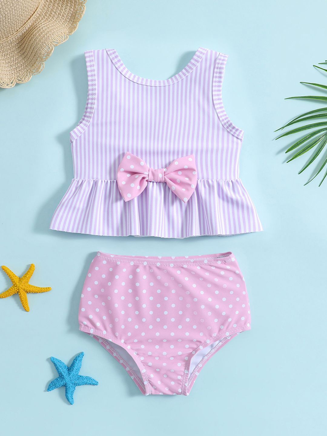 

YK Girls Striped Top & Briefs Swim Set, Purple