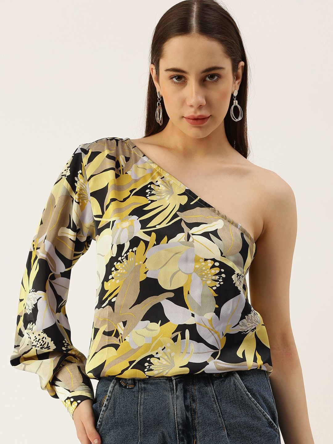 

VYMO Women Floral Printed One Shoulder Top, Yellow