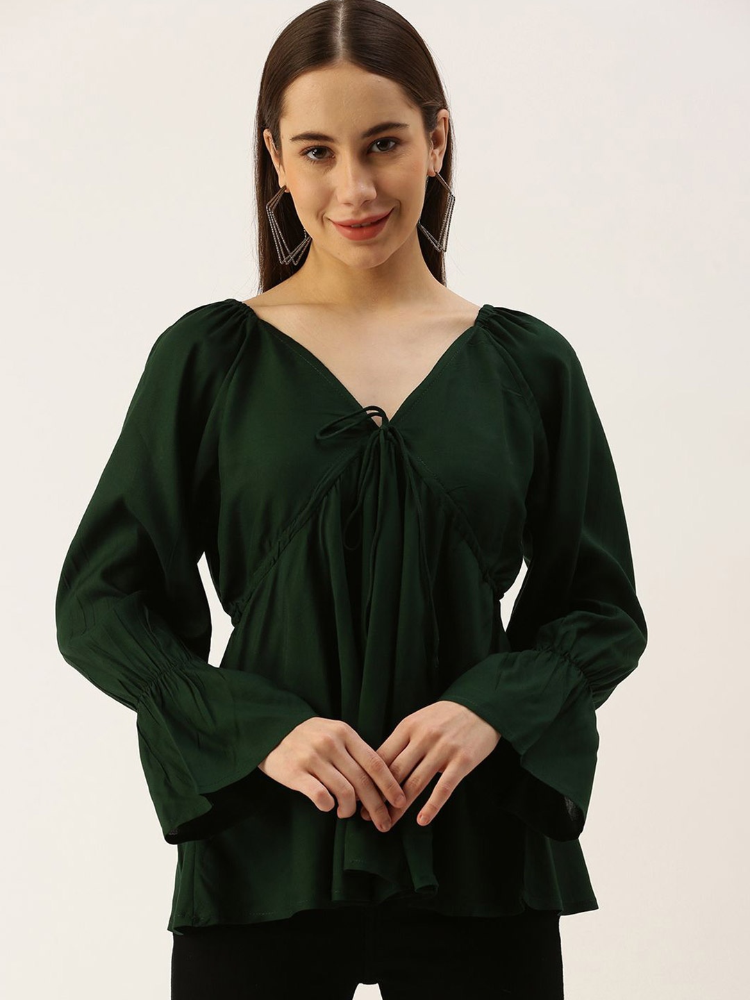 

VYMO V-Neck Bell Sleeves Empire Top, Green