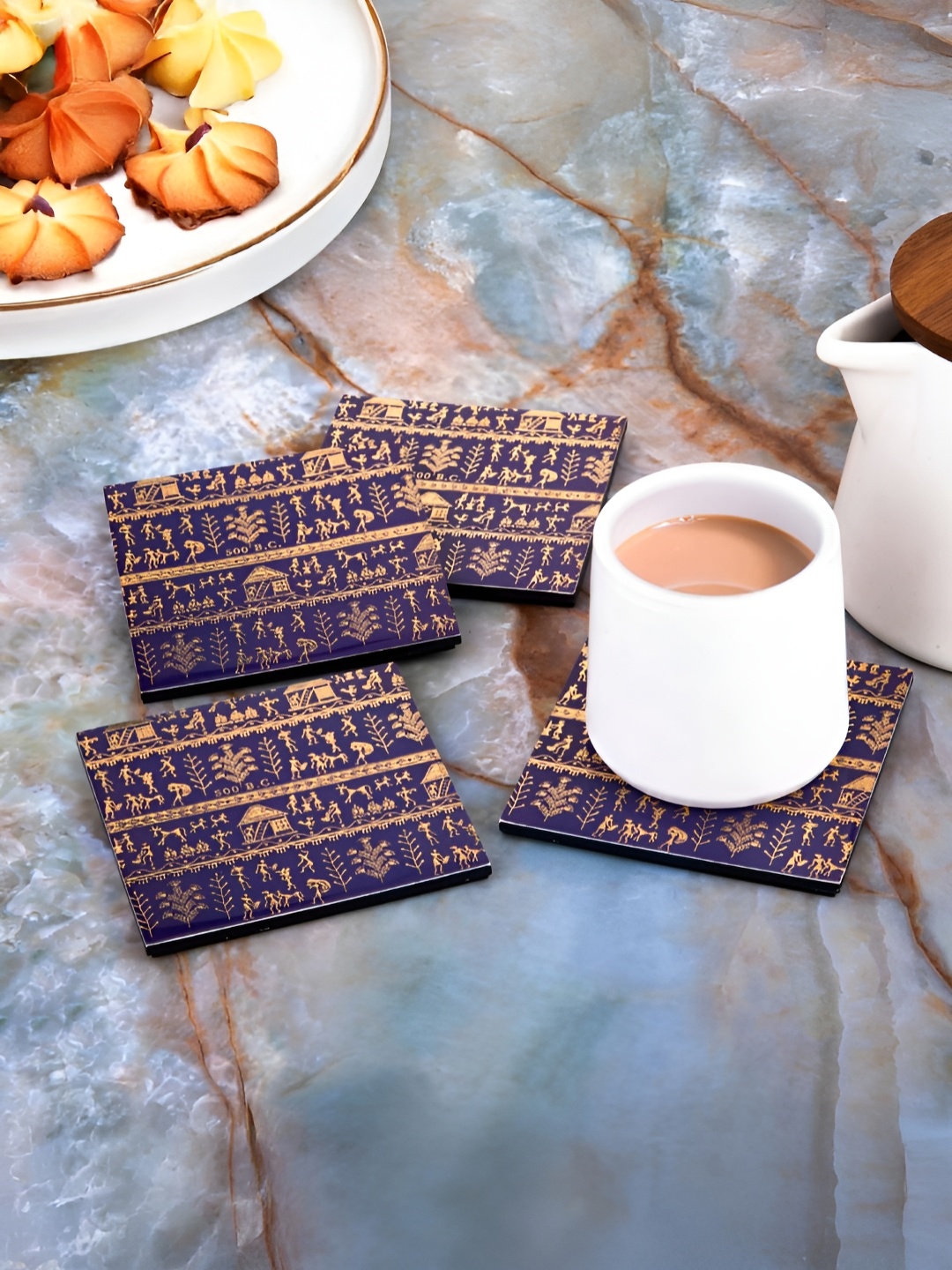 

giBOX 4 Pieces Purple Gold-Plated Abstract Printed Square Glossy Finish Wooden Coasters