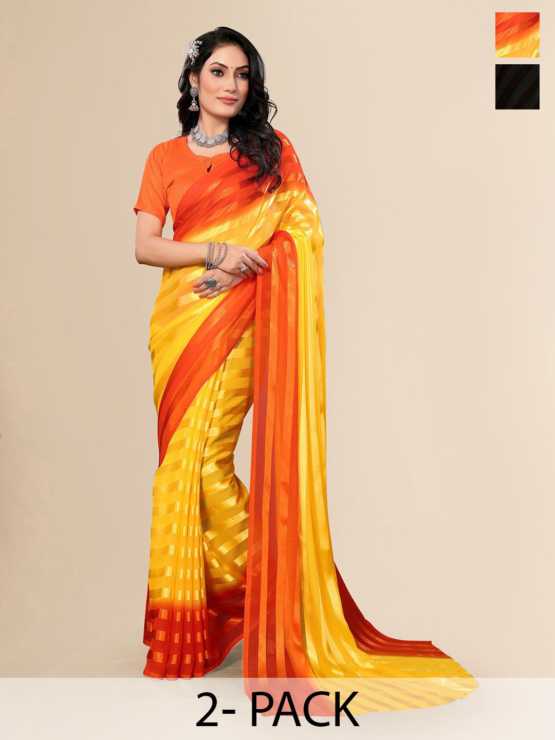 

Moda Rapido Set of 2 Striped Satin Sarees, Yellow
