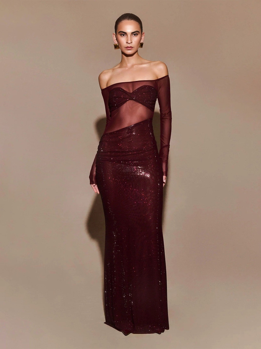 

Bee Boe Diamante Drape Bardot Mahogany Gown, Maroon