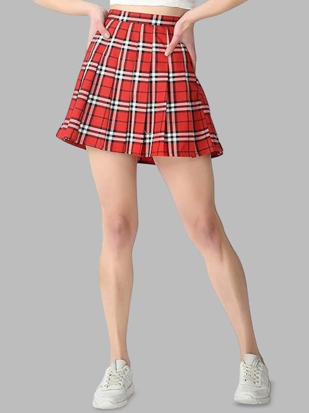 

Swara Craft Women Checked Pleated Mini Skirt, Red