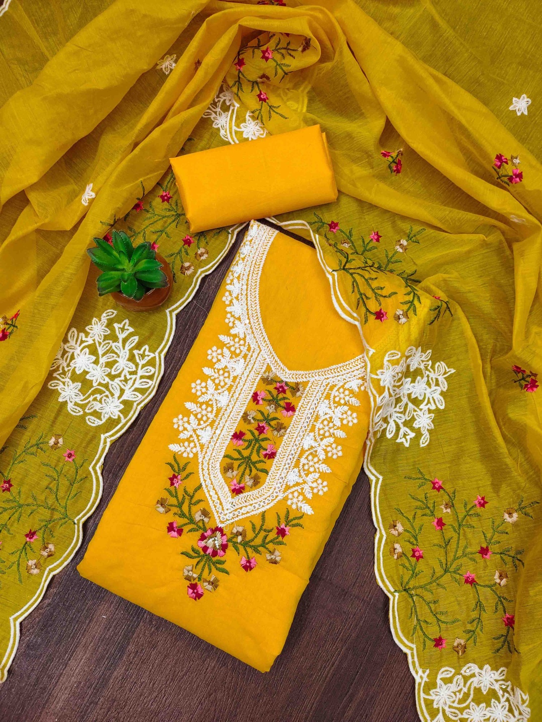 

BlissFlair Floral Embroidered Pure Cotton Unstitched Dress Material, Mustard