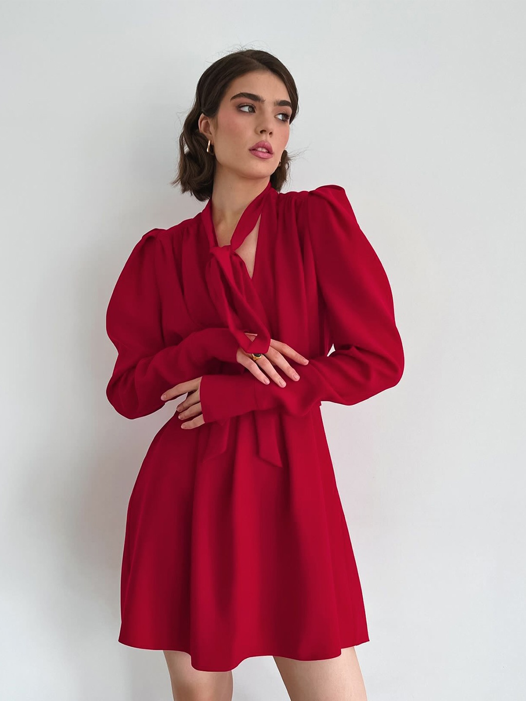 

MIAKEE Women Puff Sleeve Dress, Red