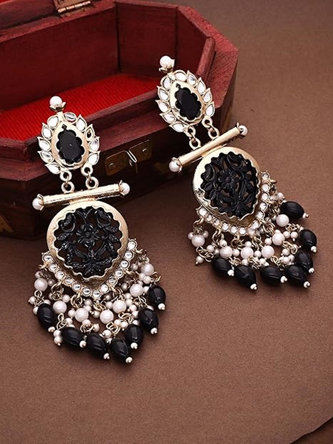 

MADDY SPACE Gold-Plated Artificial Stones and Beaded Contemporary Drop Earrings
