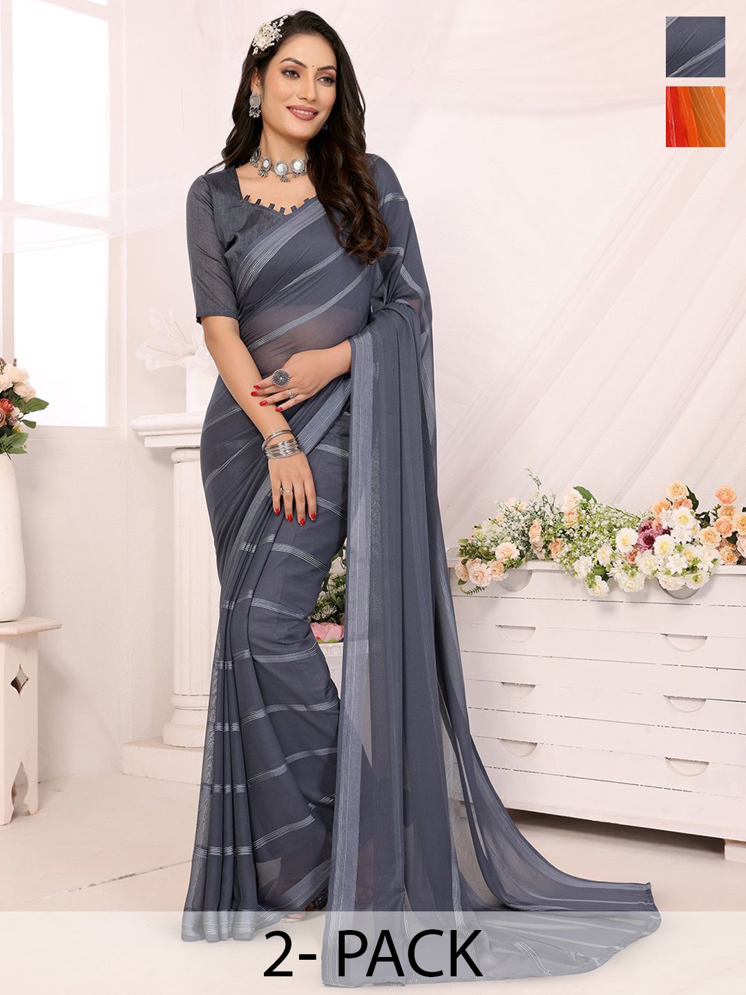 

Moda Rapido Set of 2 Striped Satin Sarees, Grey