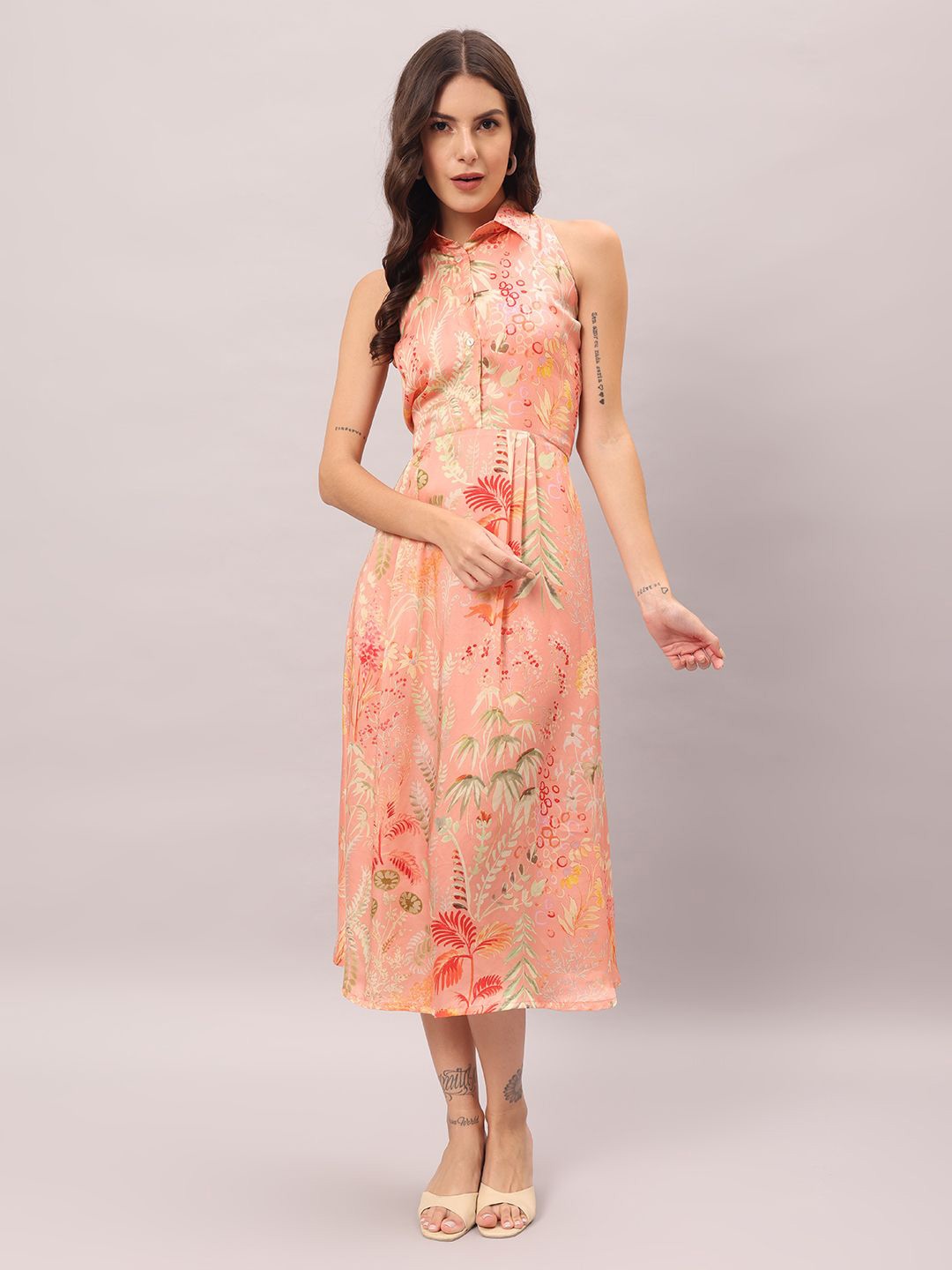 

BRIJAL LAD Floral Print Satin Fit and Flare Midi Dress, Peach