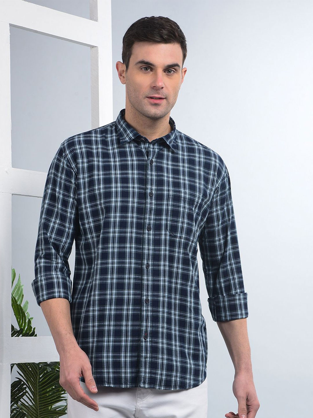 

COBB Men Slim Fit Spread Collar Tartan Checked Cotton Casual Shirt, Navy blue