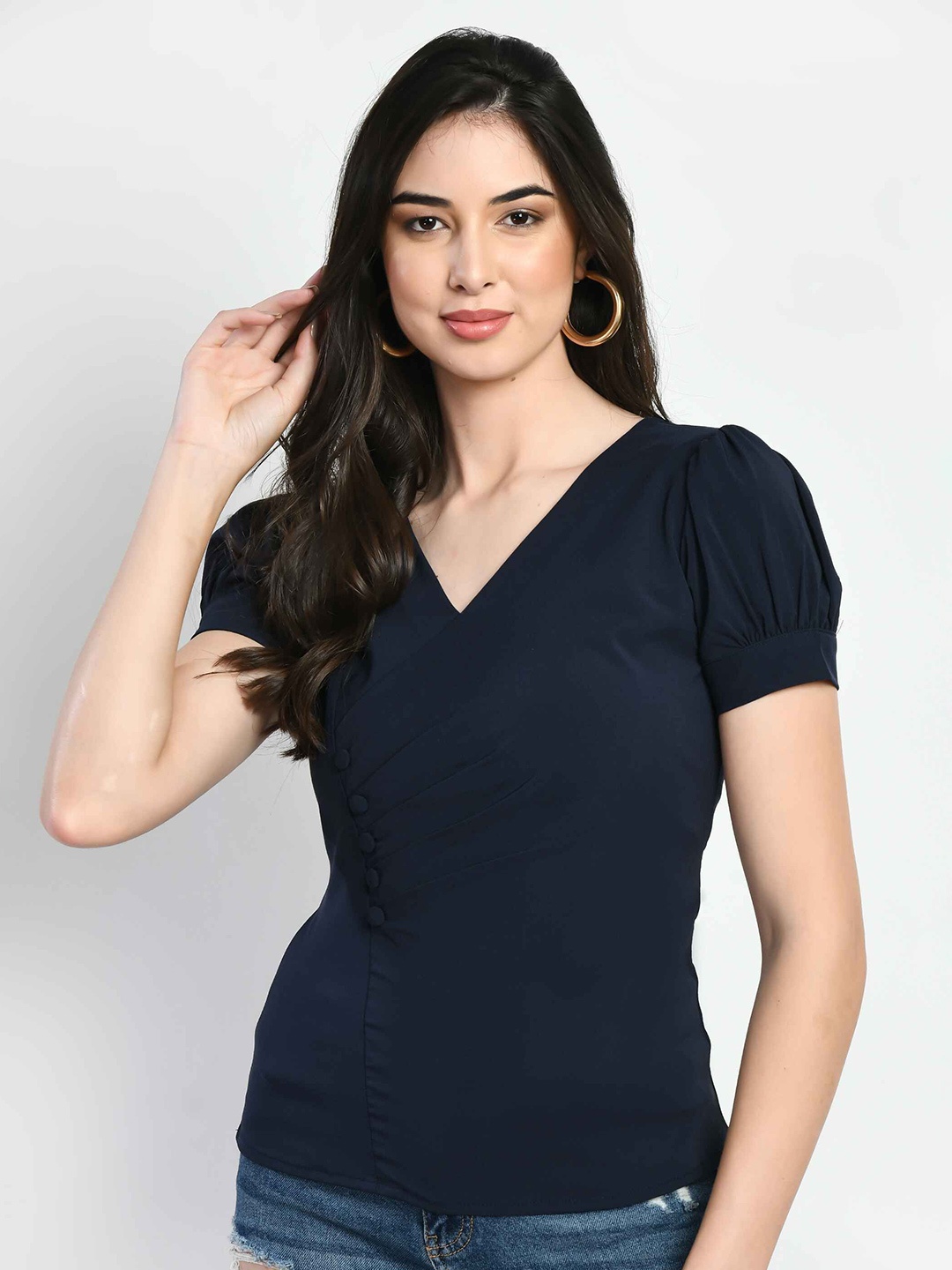 

Fruba Women Solid V-Neck Top, Navy blue
