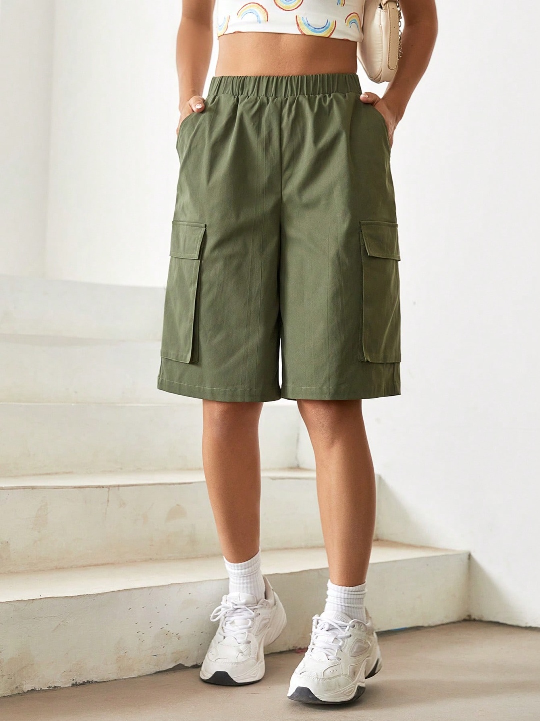 

SHINE N SHOW Women Relaxed Fit Mid-Rise Cargo Shorts, Green