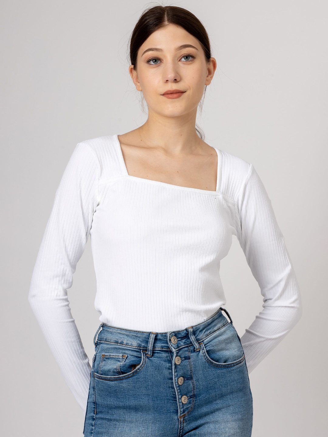 

PYR8 Women Ripped Square Neck Top, White