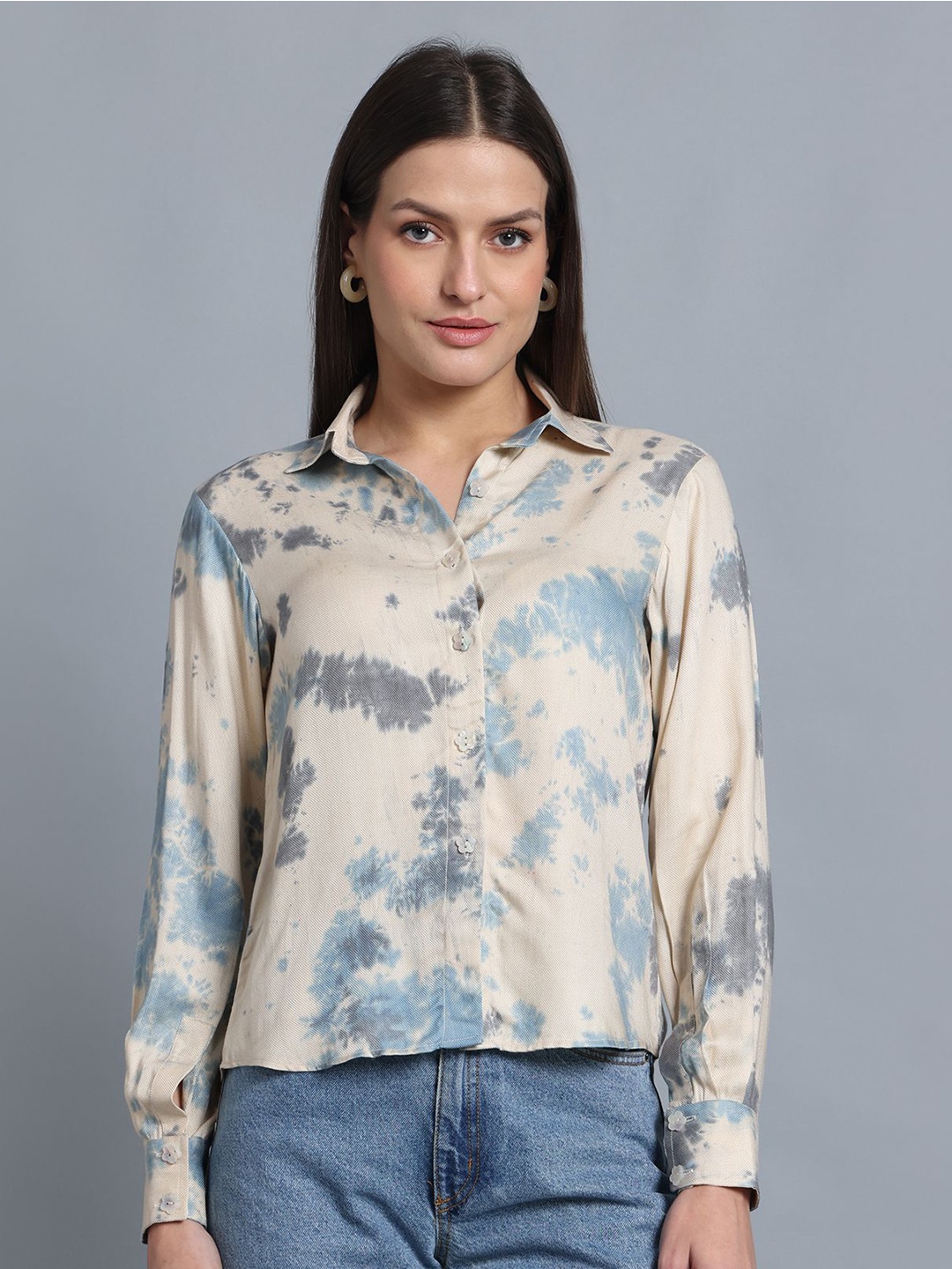 

BRIJAL LAD Women Relaxed Fit Spread Collar Abstract Printed Casual Shirt, Cream