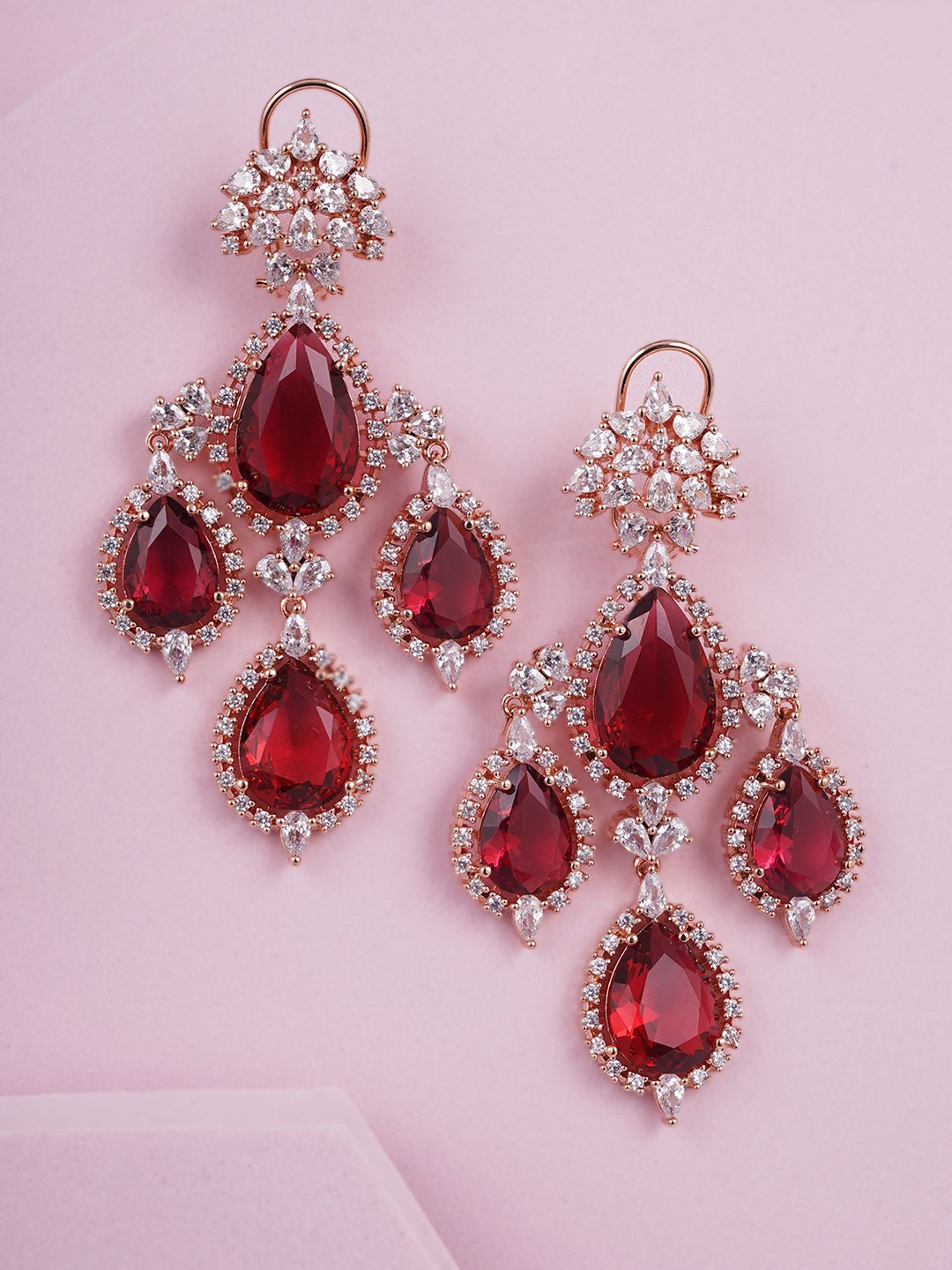

Adwitiya Collection Rose Gold Plated Cubic Zirconia Studded Contemporary Drop Earrings