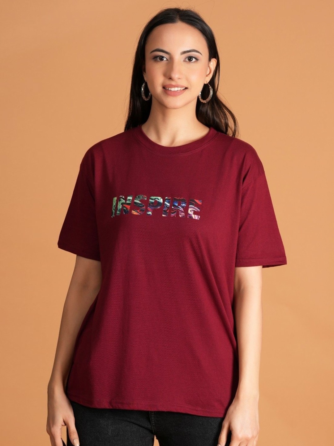 

BAESD Women Typography Printed Round Neck Cotton Relaxed Fit T-shirt, Maroon
