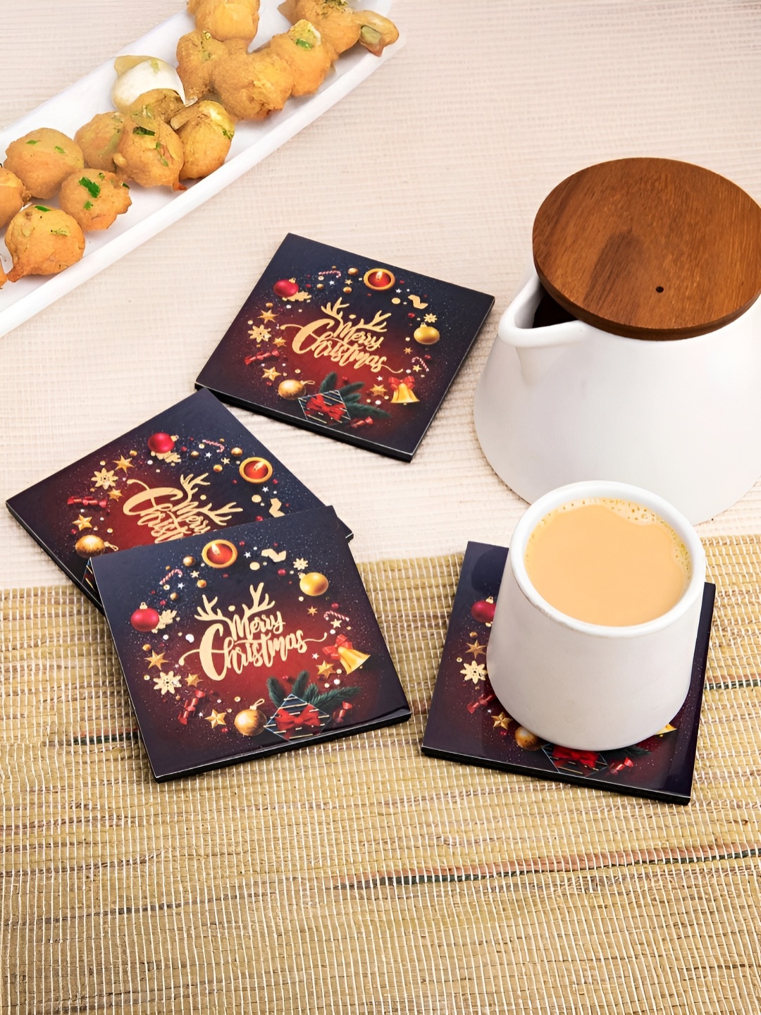 

giBOX 4 Pieces Purple & Red Gold-Plated Printed Square Glossy Finish Wooden Coasters