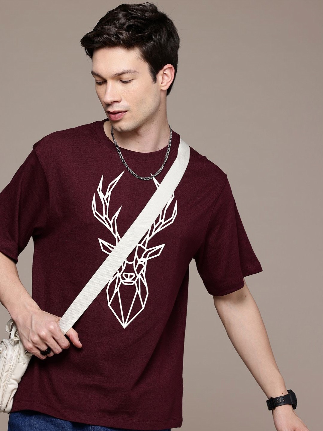 

Moda Rapido Men Graphic Printed Round Neck Cotton Relaxed Fit T-shirt, Burgundy