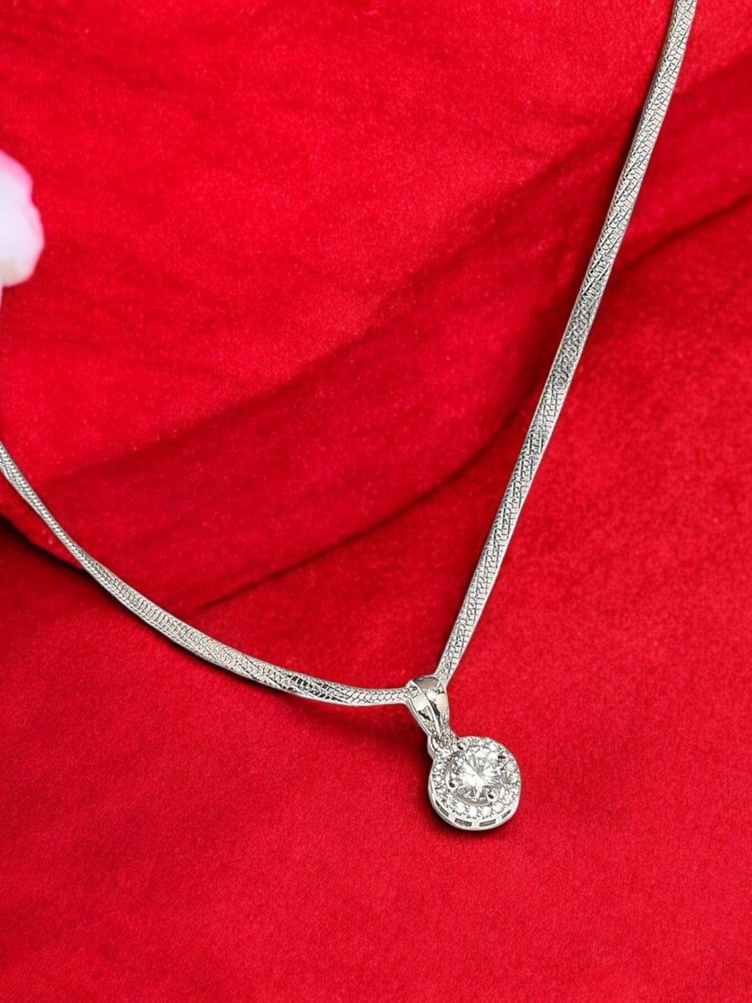 

OOMPH Artificial Stones Studded Oval Shaped Pendants with Chains, Silver