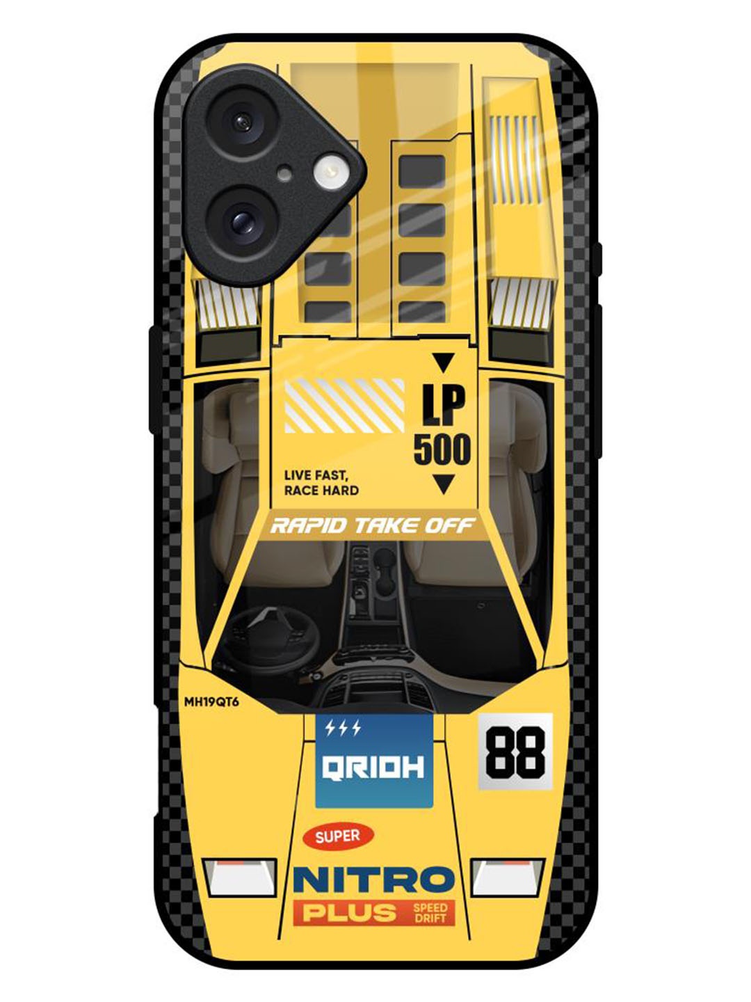 

QRIOH iPhone 16 Plus Racing Car Glass Back Case, Yellow
