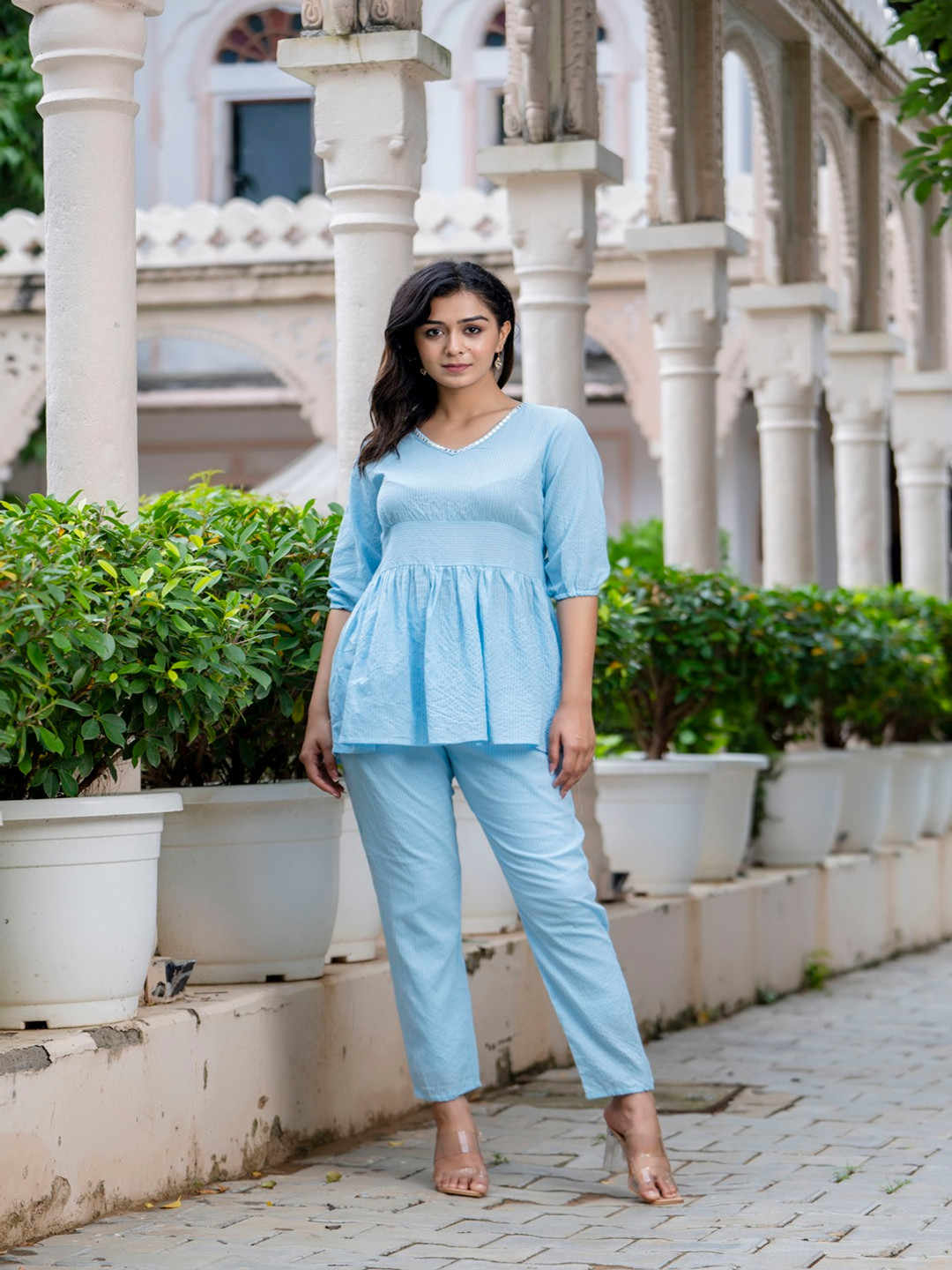 

Demirner Striped V-Neck Pemplum Top With Trousers, Blue