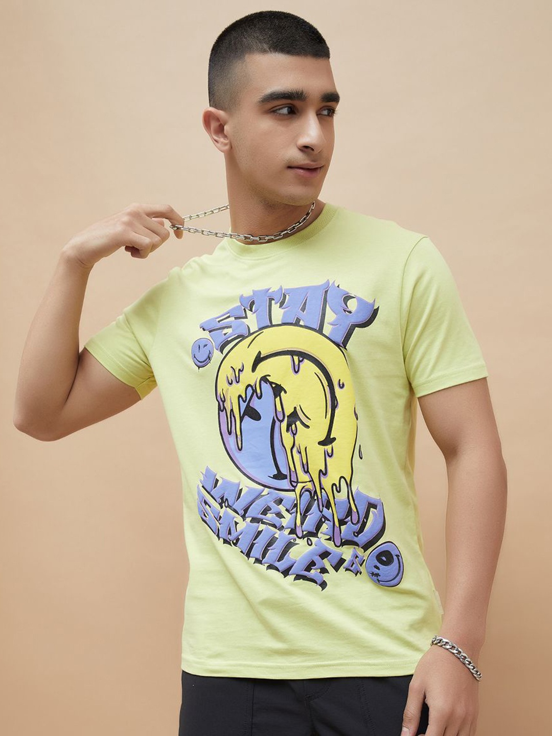 

SmileyWorld Men Graphic Printed Round Neck Cotton T-shirt, Green