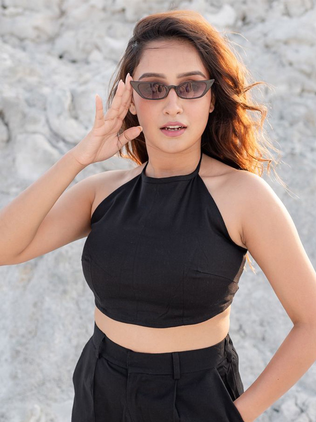 

Babli Women Halter Neck Jade Black Bustier Cotton Crop Top