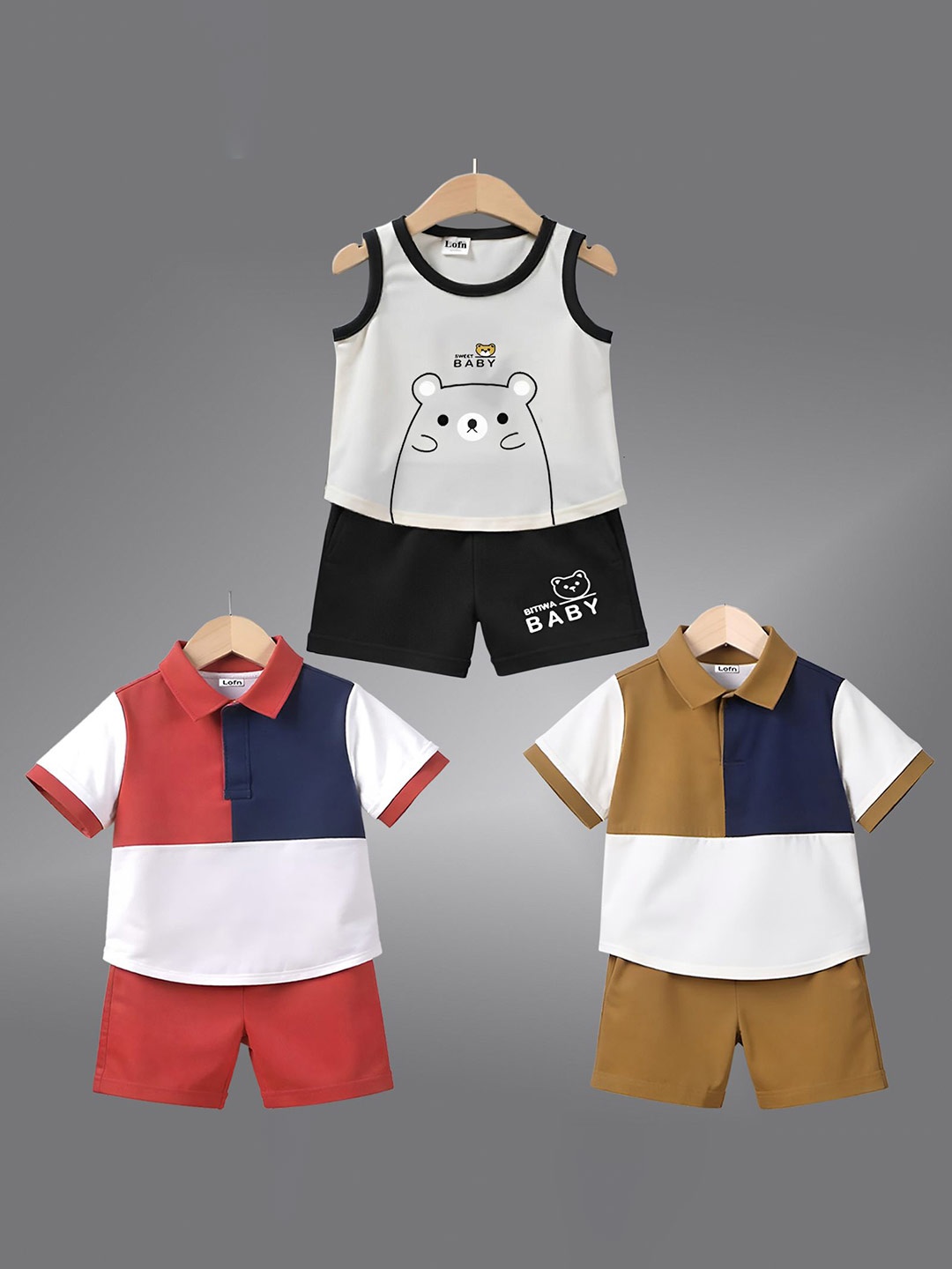 

Lofn Kids Pack Of 3 Colourblocked Pure Cotton T-Shirts With Shorts, White