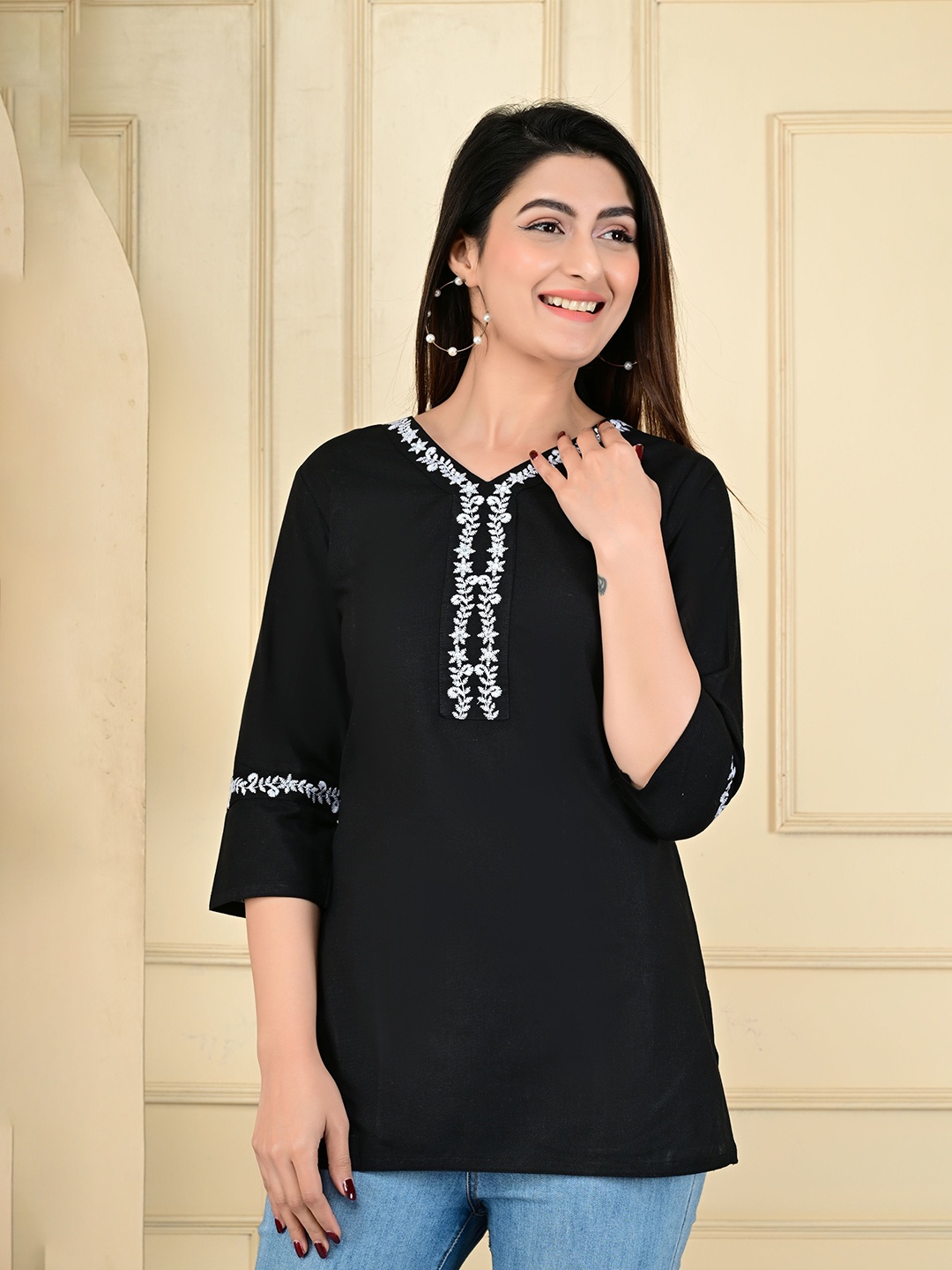 

Manvik fashion Women Embroidered V-Neck Pure Cotton A-Line Kurti, Black