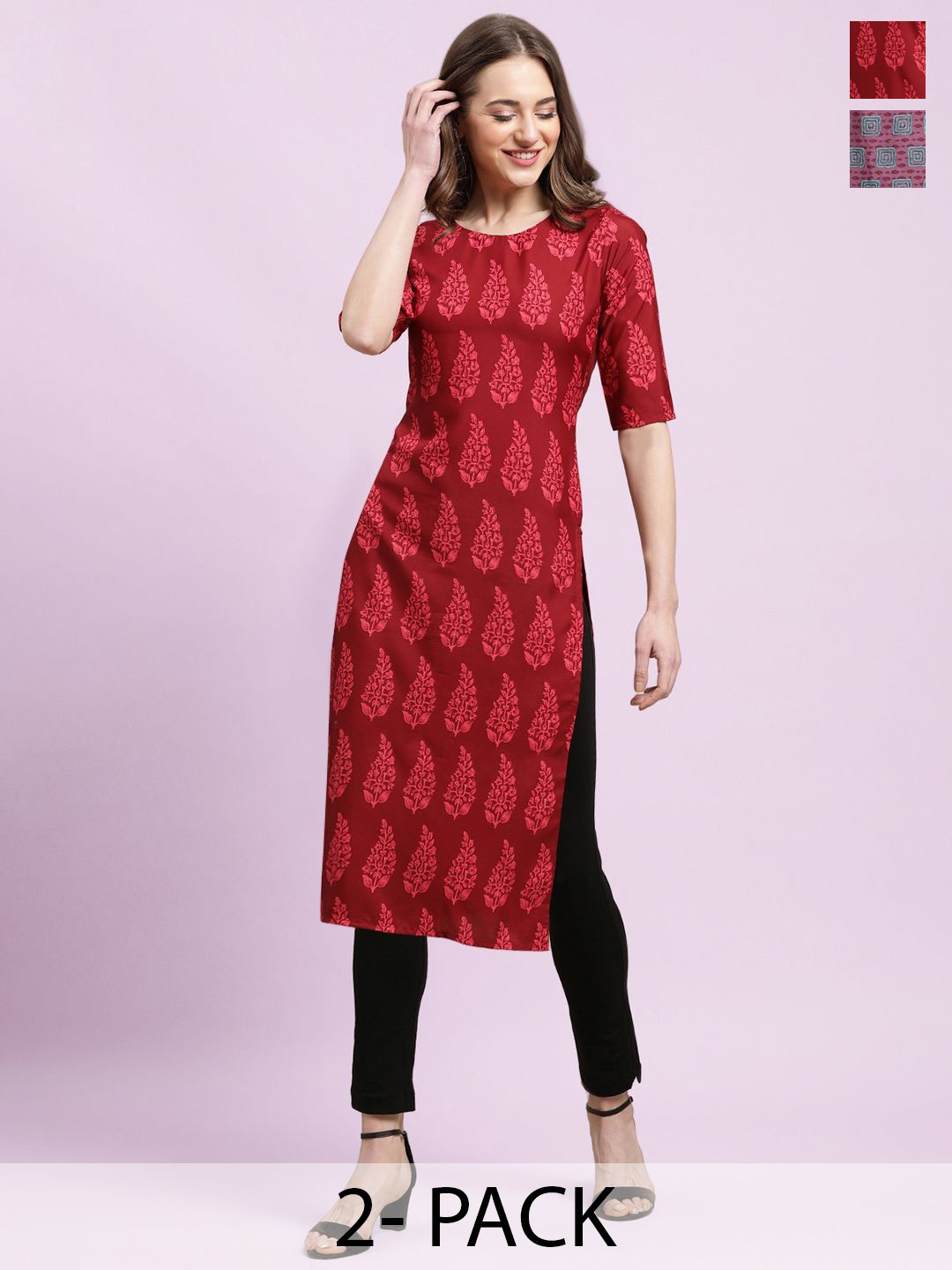 

Moda Rapido Set of 2 Printed Round Neck Straight Kurtas, Red