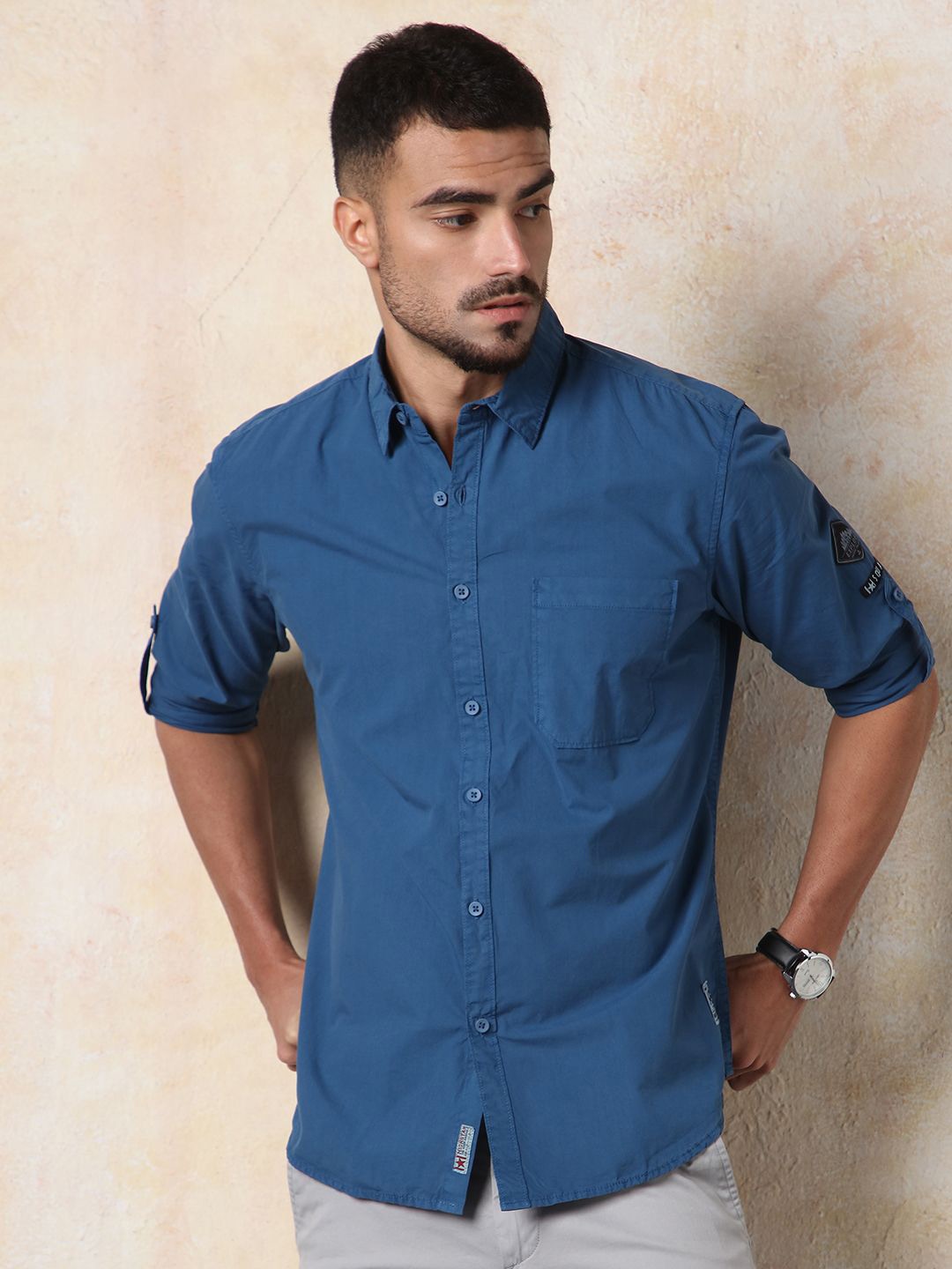 

High Star Men Regular Fit Utility Heavy Washed Spread Collar Solid Cotton Casual Shirt, Blue
