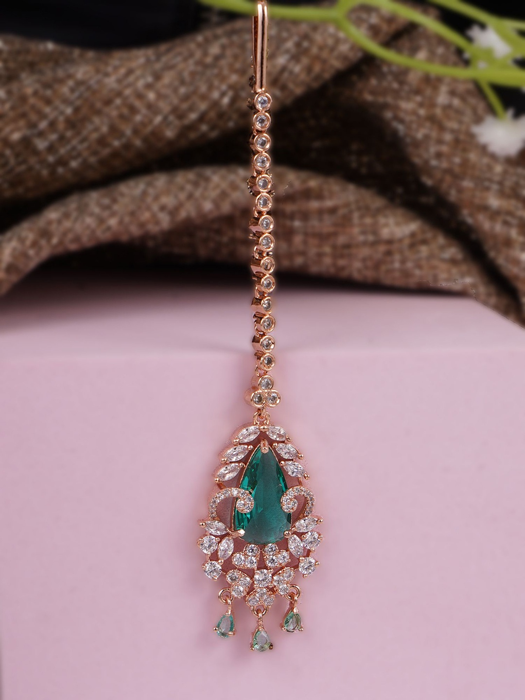 

Adwitiya Collection Rose Gold-Plated Artificial Stones and Beads Studded Maang Tikka