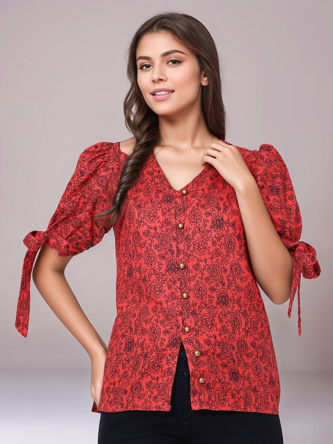 

DressBerry Floral Print Puff Sleeve Top, Red