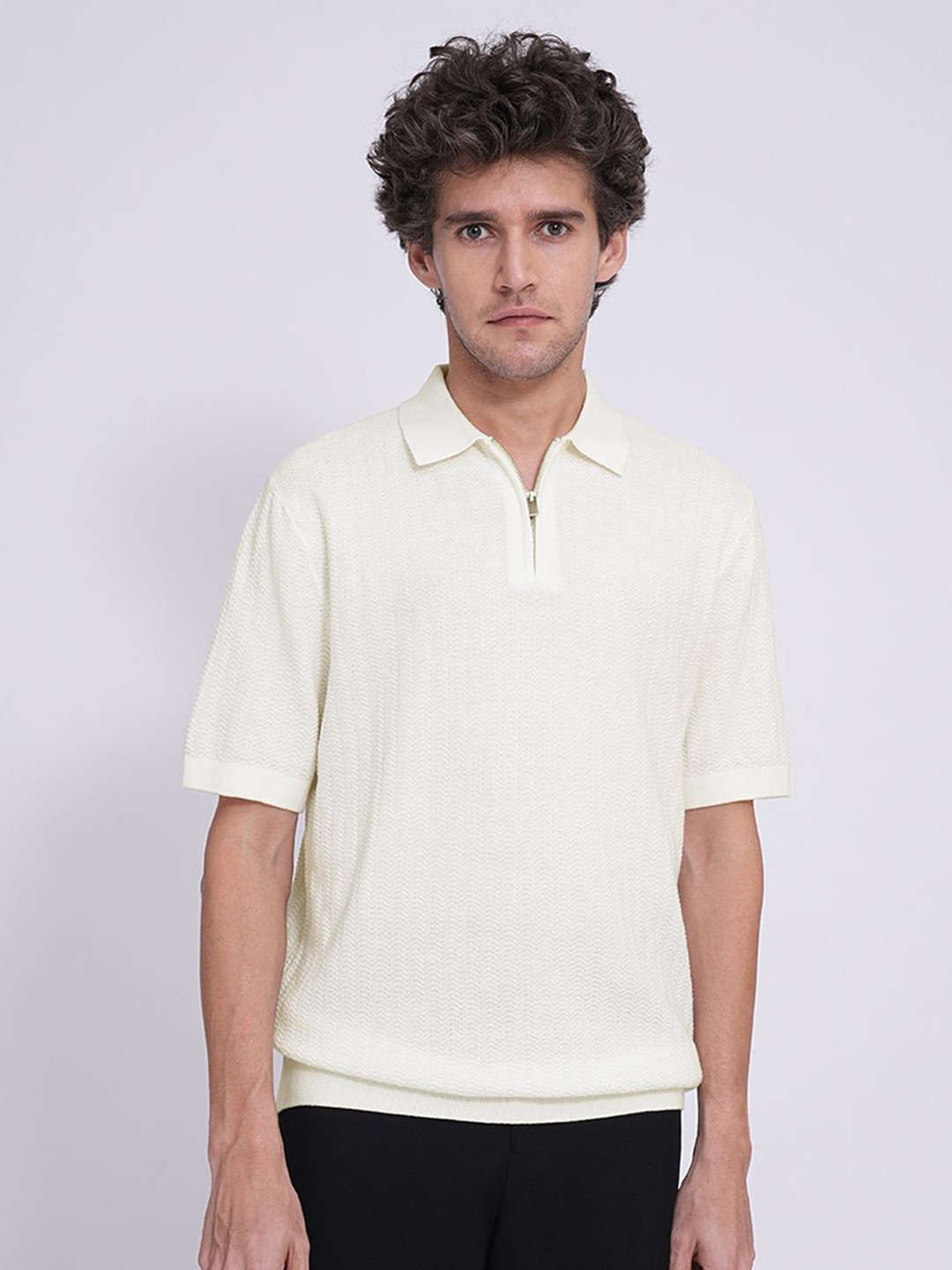 

SELECTED Men Self Design Polo Collar Cotton T-shirt, White