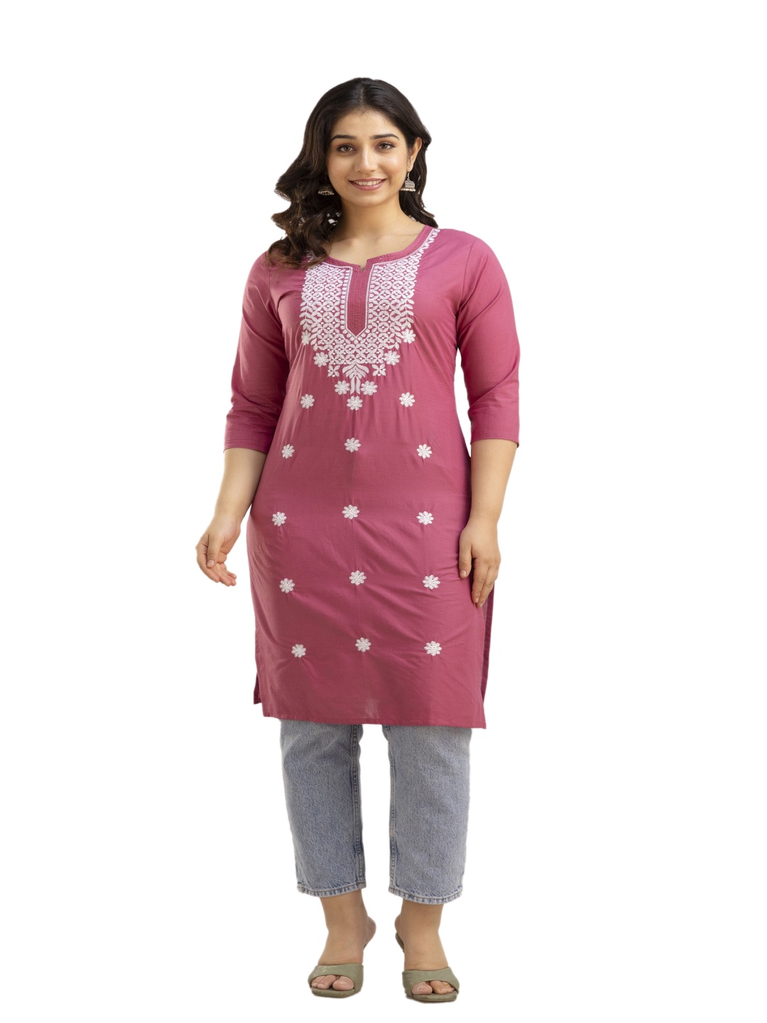 

Manvik fashion Floral Embroidered Notch Neck Thread Work Pure Cotton Straight Kurtas, Pink