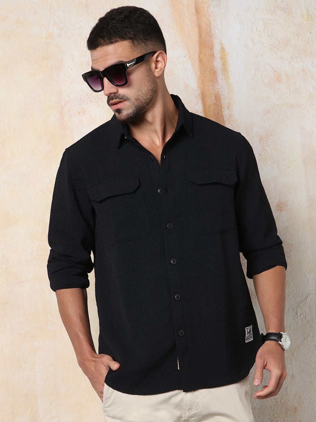 

High Star Men Relaxed Fit Spread Collar Double Flap pocket utility Solid Textured Casual Shirt, Black