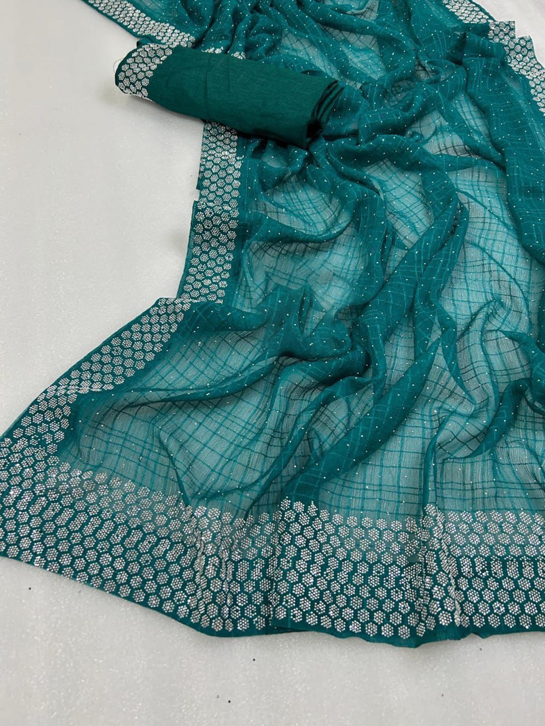 

PAYAL CREATION Floral Beads and Stones Pure Georgette Maheshwari Saree, Teal