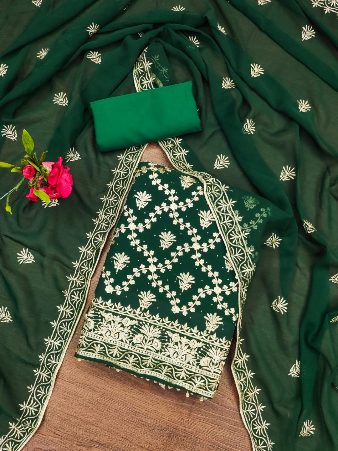 

BlissFlair Floral Embroidered Zari Unstitched Dress Material, Green