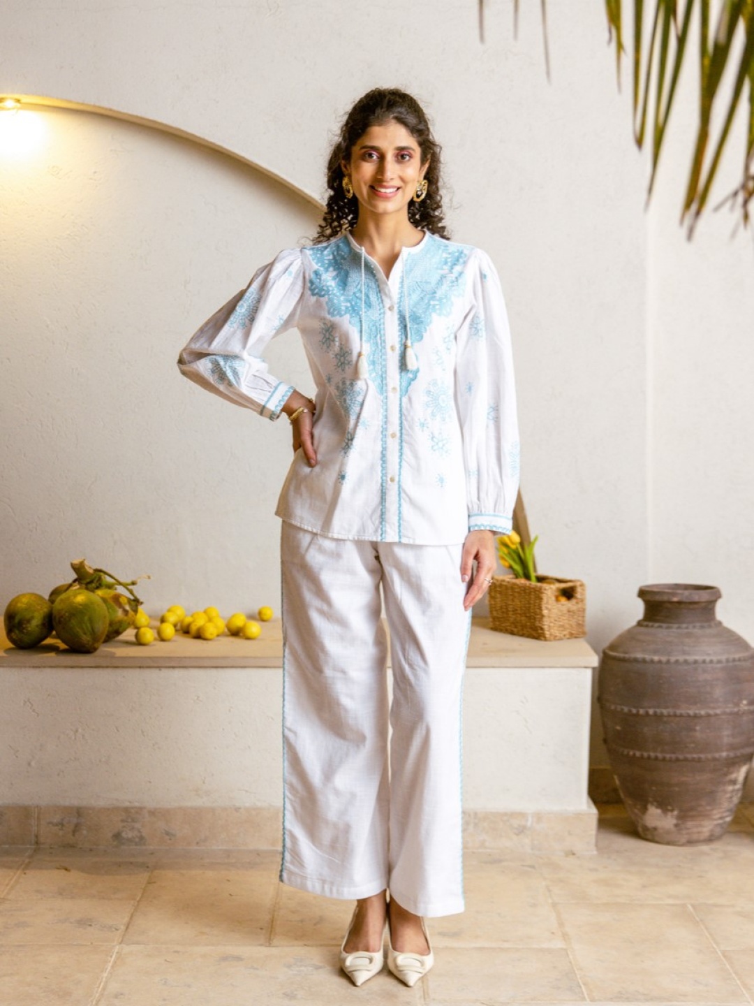 

AUTUMN LANE Floral Embroidered Round Neck Pure Cotton Shirt With Trousers, White