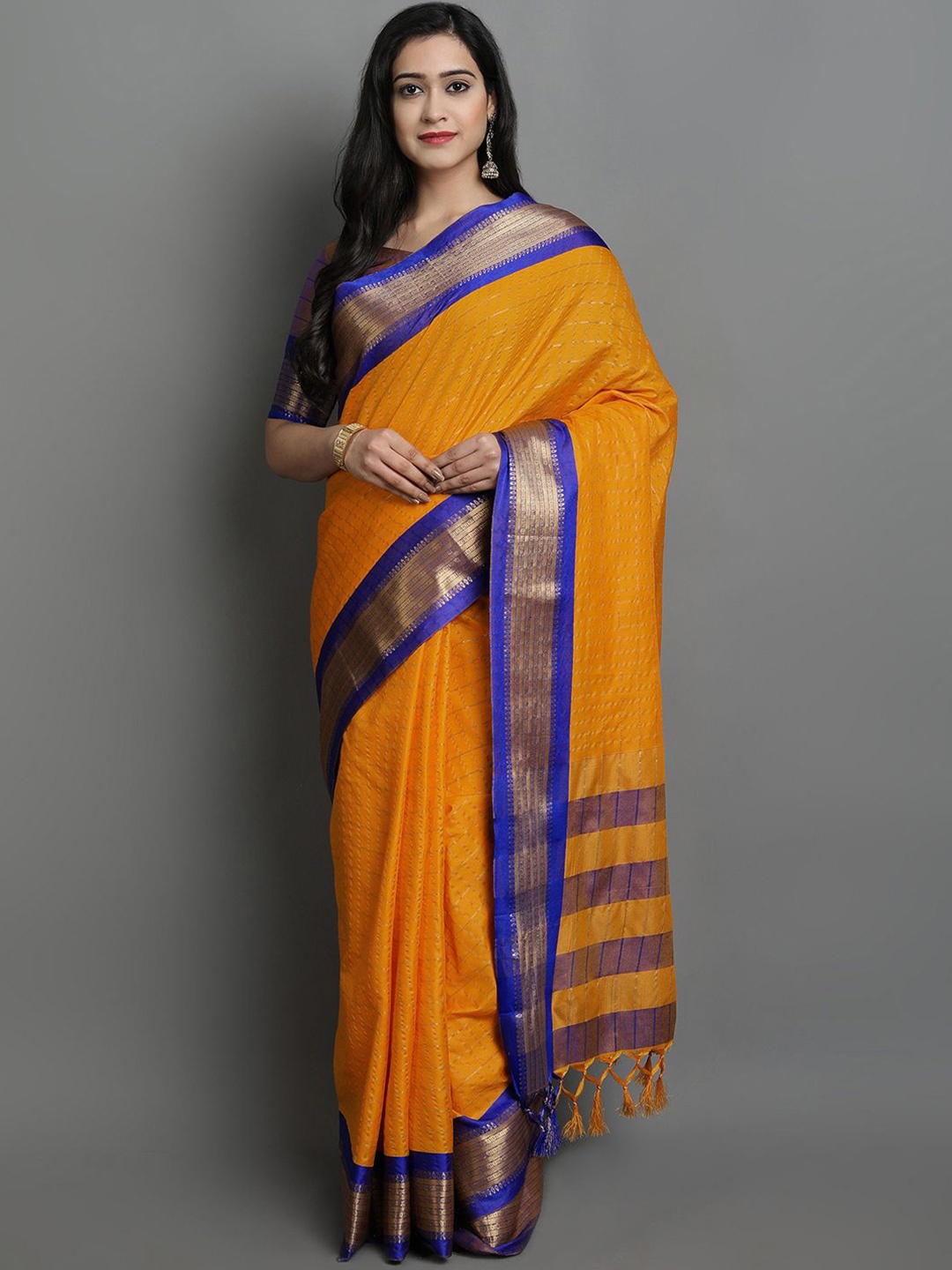 

DIVASTRI Woven Design Striped Zari Dharmavaram Saree, Mustard