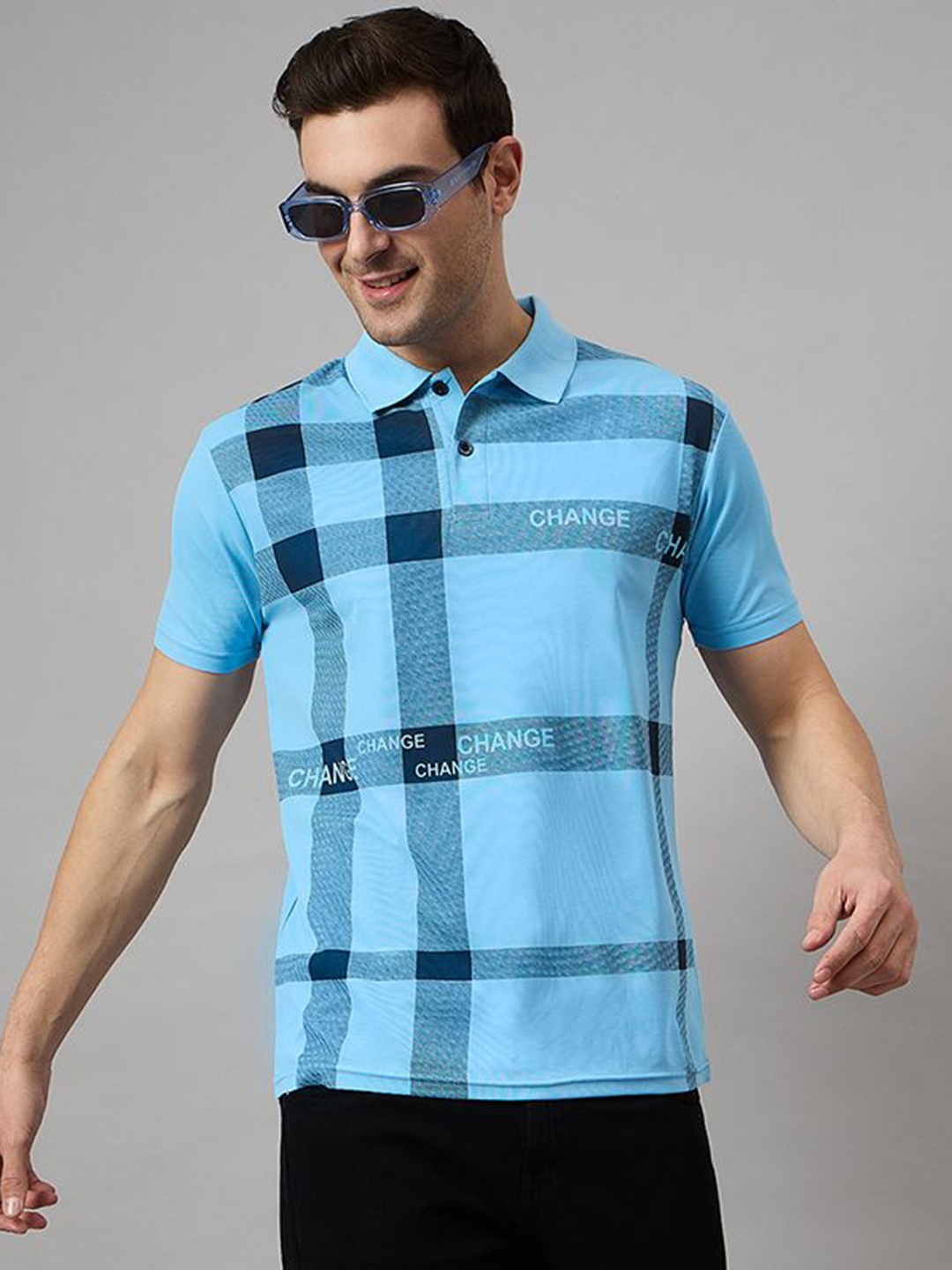 

BRONATION Men Checked Polo Collar Cotton T-shirt, Turquoise blue