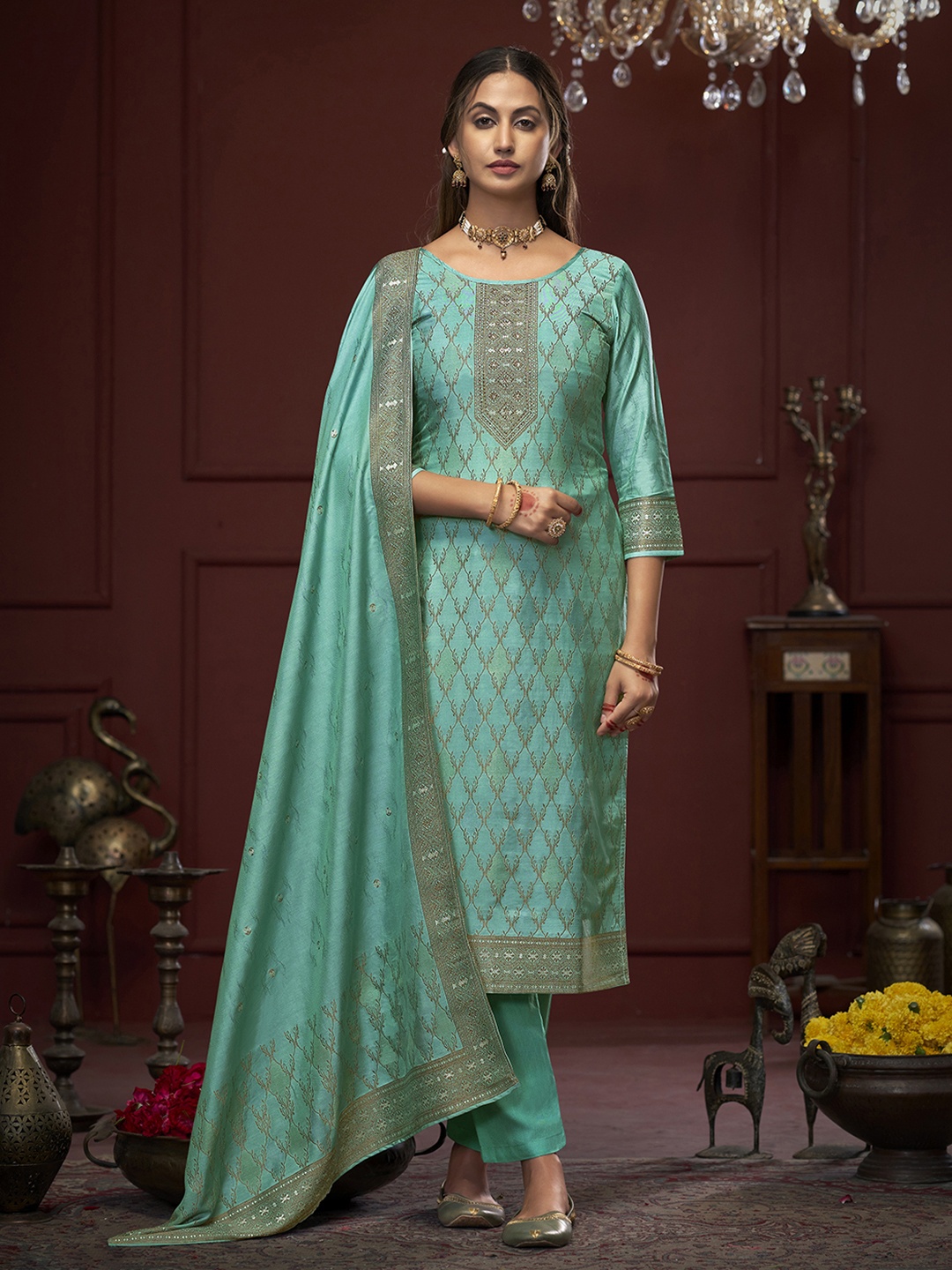 

Anouk Green Ethnic Motifs Woven Design Unstitched Dress Material
