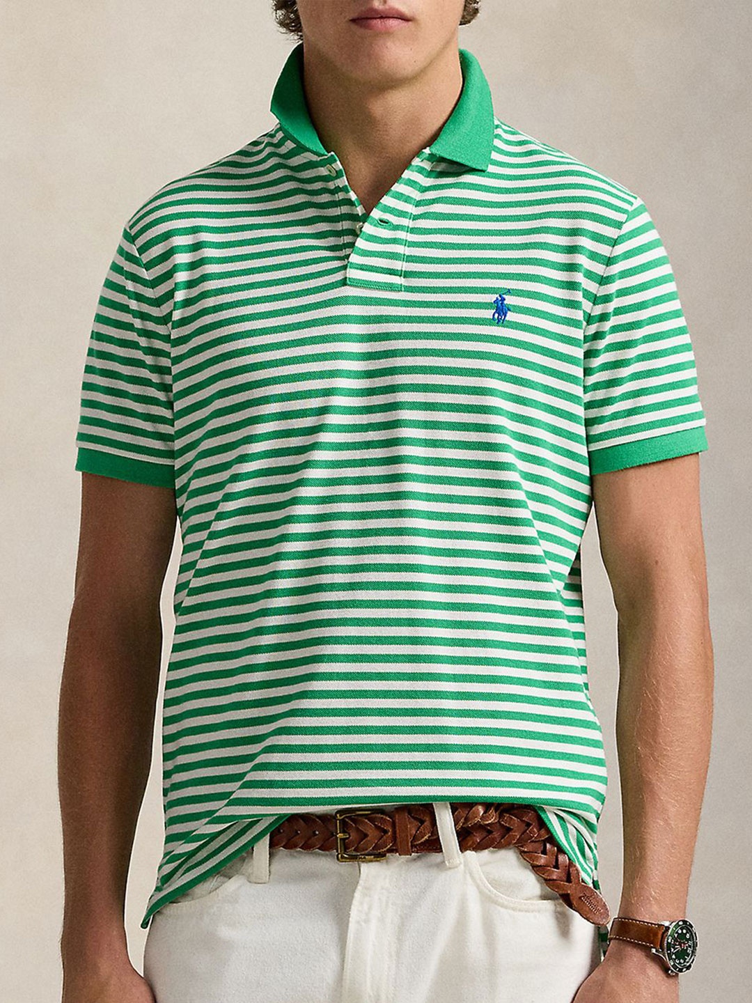 

Polo Ralph Lauren Men Striped Polo Collar Cotton Slim Fit T-shirt, Green