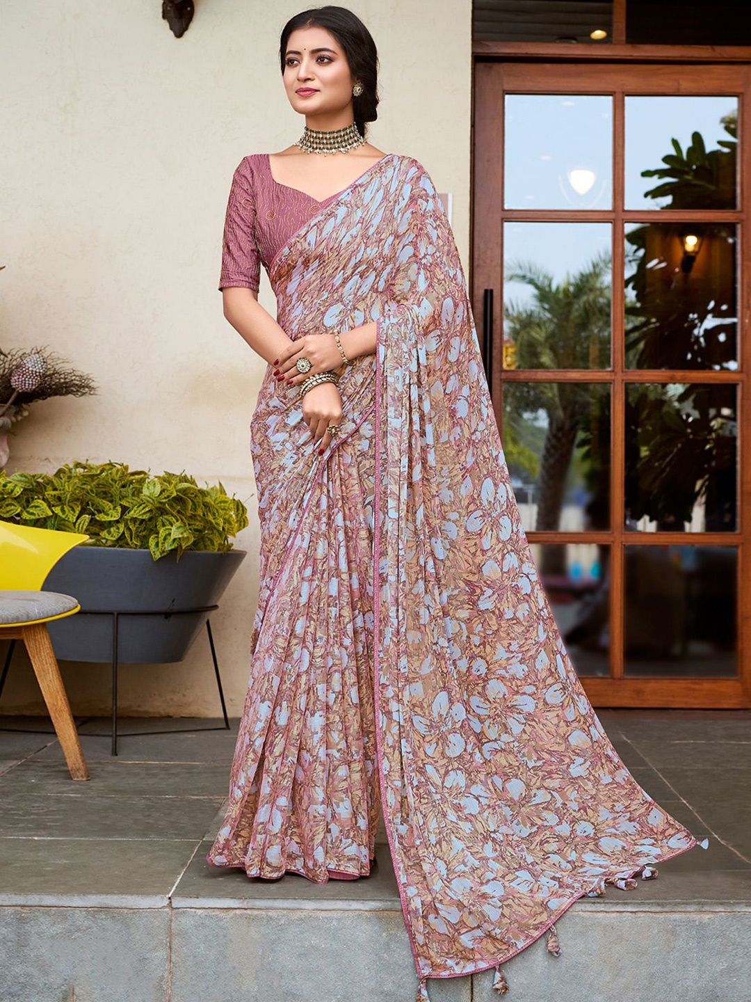 

LeeliPeeri Designer Floral Printed Bagru Saree With Unstitched Blouse Piece, Pink