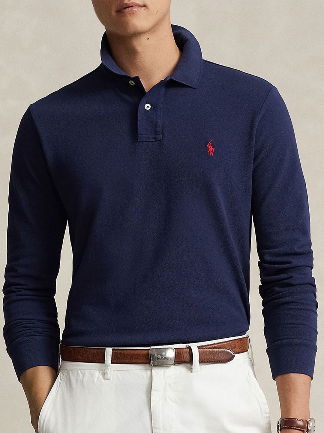

Polo Ralph Lauren Men Solid Polo Collar Cotton Slim Fit T-shirt, Navy blue
