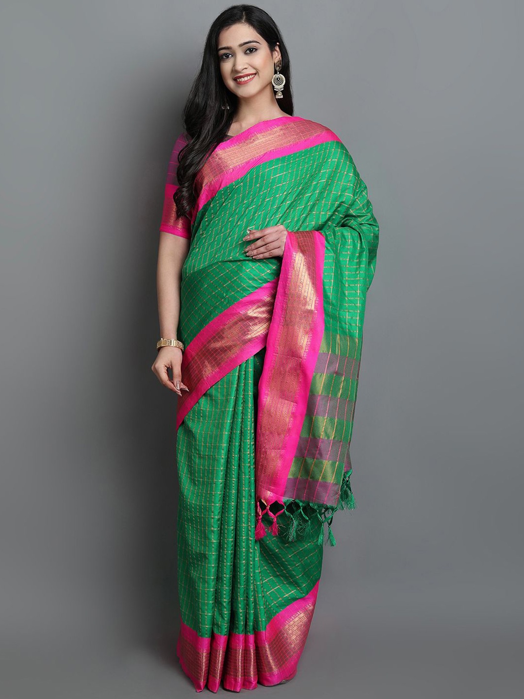

DIVASTRI Checked Zari Dharmavaram Saree, Green