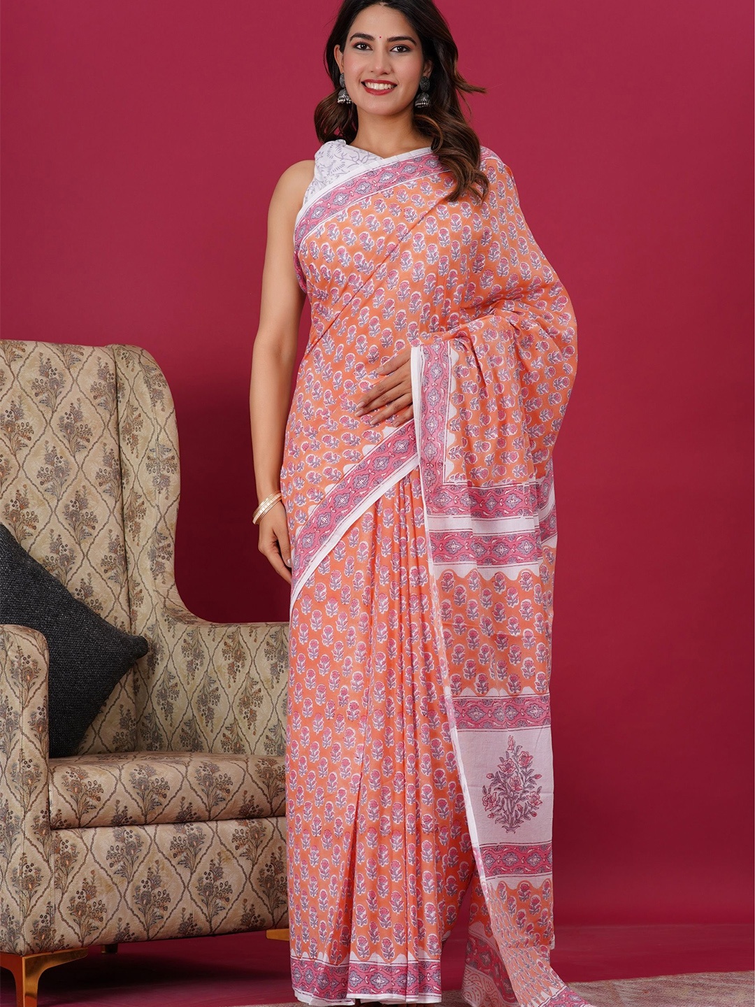 

Shivanya Handicrafts Floral Pure Cotton Block Print Saree, Brown